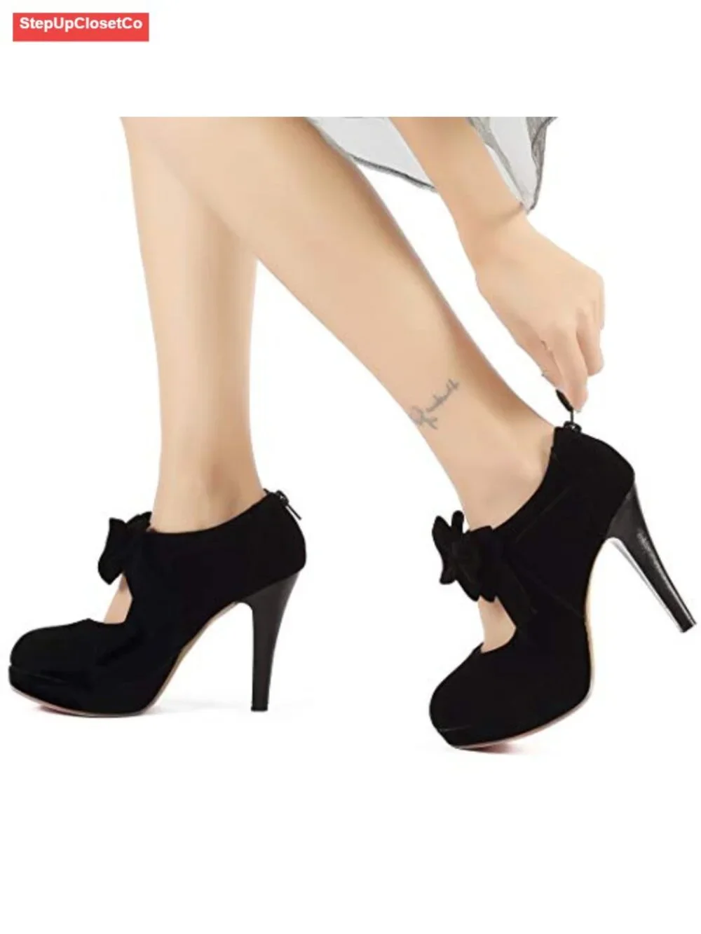 Vintage Bowtie Platform Pumps for Women - 4 Inch High Heels, Closed Toe, Back
